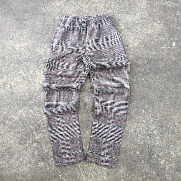 Vintage Wool Pants Womens 6 Gray Brown Plaid Tartan Cuffed Loose Waist 24 - Picture 1 of 7